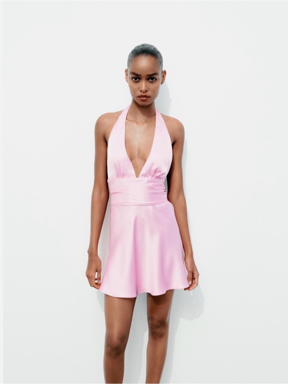 Zara Pink Satin Effect Halter Mini Dress